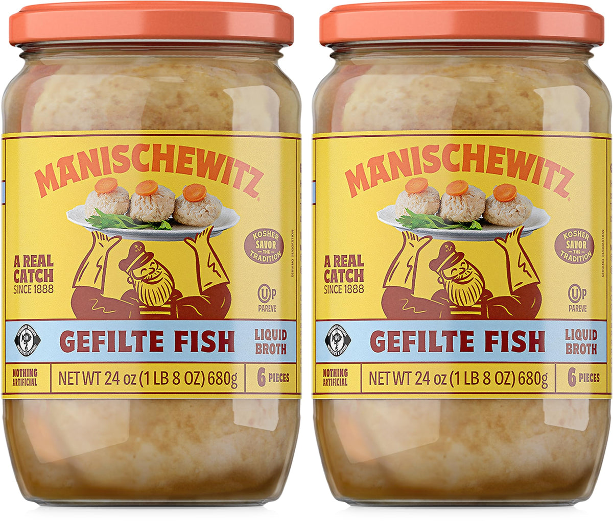 Manischewitz gefilte fish in broth bottle—kosher for Passover and easy to serve.