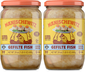 Manischewitz gefilte fish in broth bottle—kosher for Passover and easy to serve.