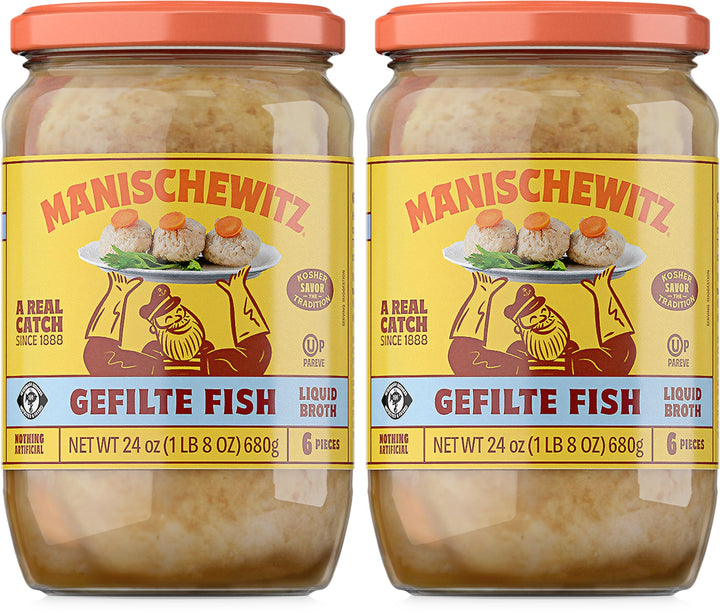 Manischewitz gefilte fish in broth bottle—kosher for Passover and easy to serve.