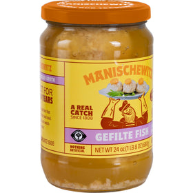 Manischewitz Gefilte Fish in broth bowl, savory, convenient serving idea.