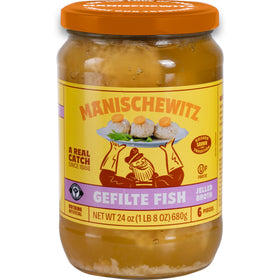 Manischewitz Gefilte Fish jar front, ready-to-serve traditional flavor.