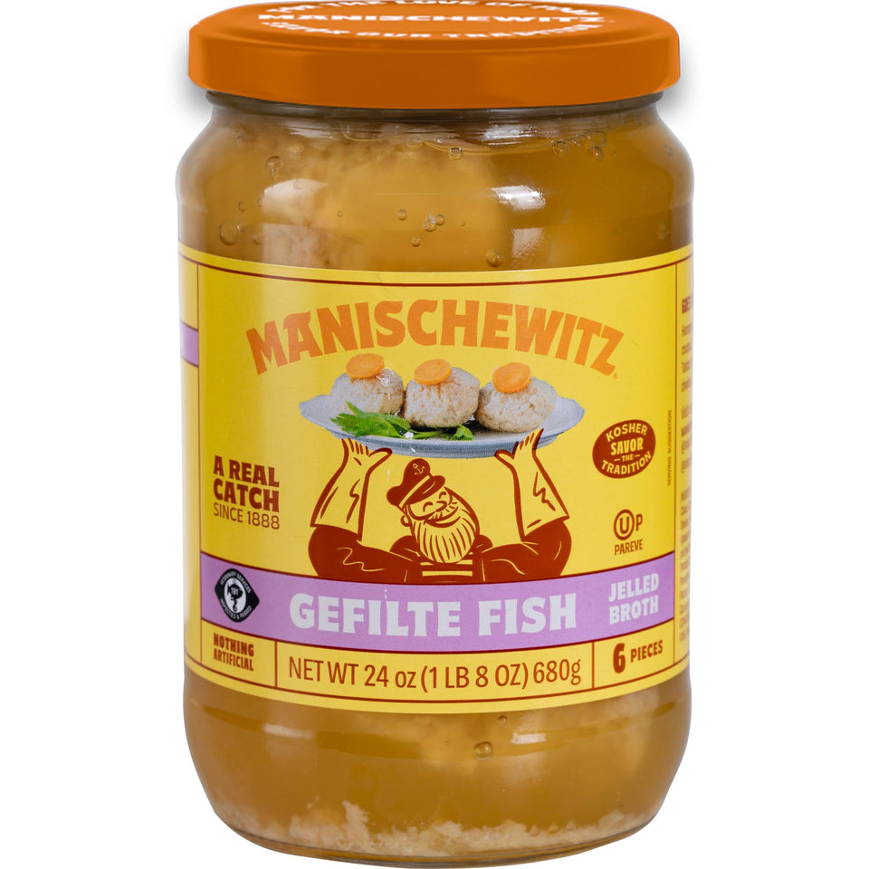 Manischewitz Gefilte Fish jar front, ready-to-serve traditional flavor.