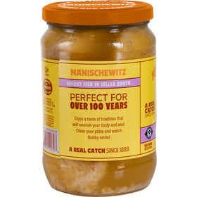Manischewitz Gefilte Fish jar label close-up, highlighting all-natural ingredients.
