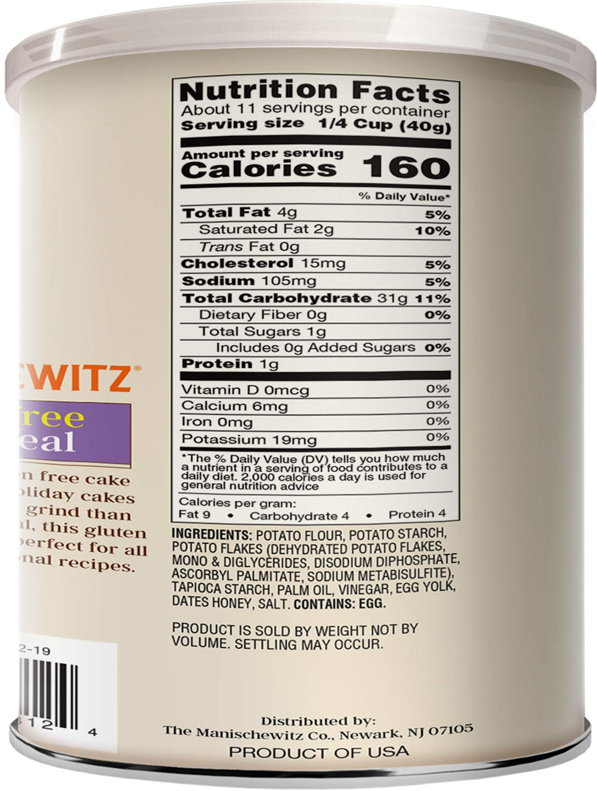 Closeup of gluten-free Manischewitz cake meal highlighting grain-free formulation