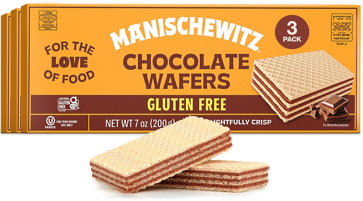 Manischewitz gluten free chocolate wafers 3-pack front view, dairy-free kosher snack.