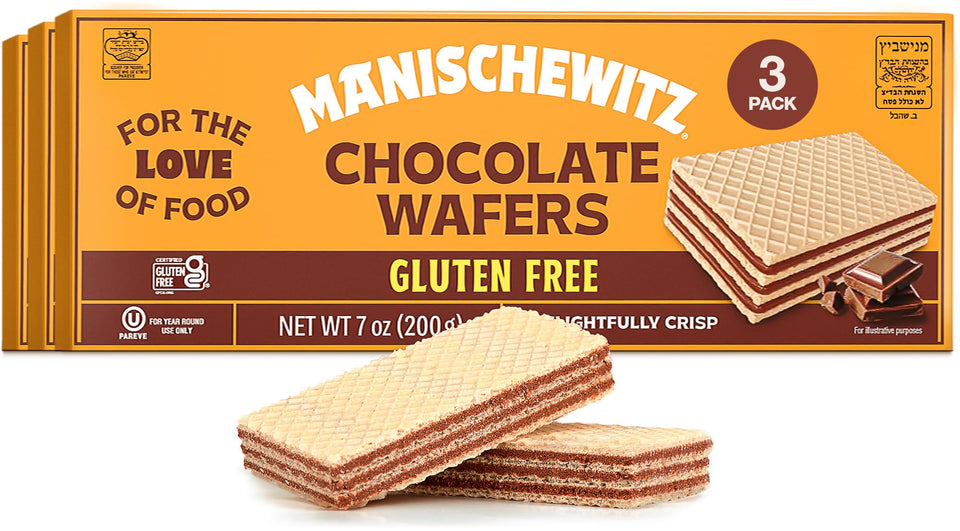 Manischewitz gluten free chocolate wafers 3-pack front view, dairy-free kosher snack.