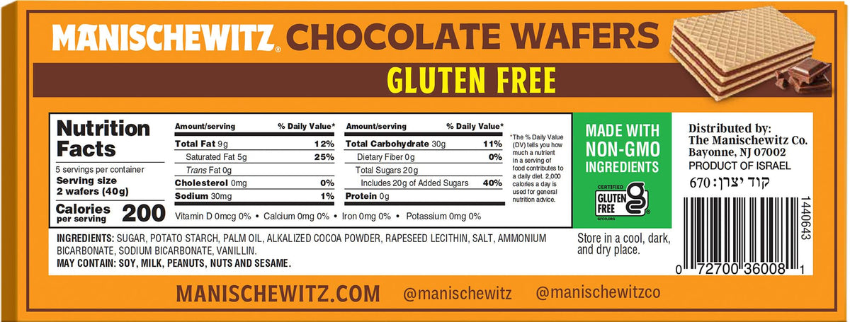 Manischewitz gluten free chocolate wafers 3-pack pack shot, ideal Passover treat.