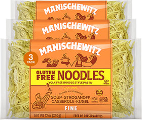Manischewitz gluten-free fine noodles 3-pack on shelf, quick weeknight pasta option.