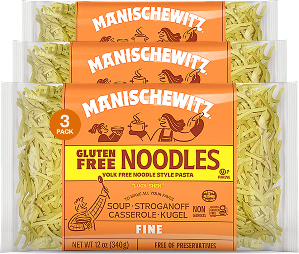 Manischewitz gluten-free fine noodles 3-pack on shelf, quick weeknight pasta option.