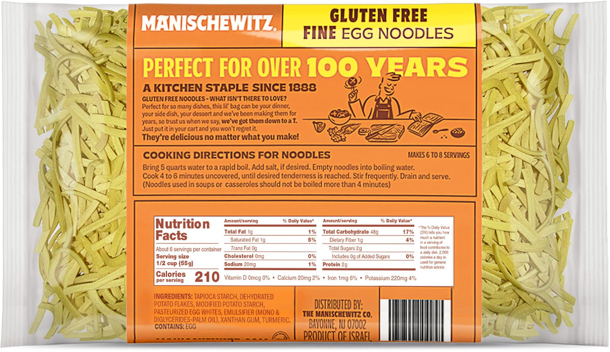 Manischewitz gluten-free fine noodles plated, ideal side or entree option.