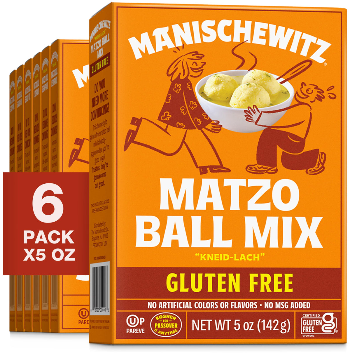 Manischewitz gluten-free matzo ball mix in six-pack box.