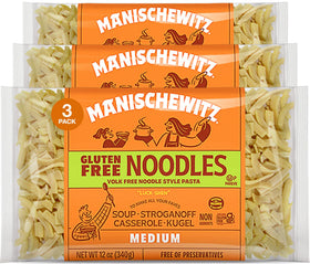 Manischewitz gluten-free medium noodles packaging, ideal for quick weeknight meals.