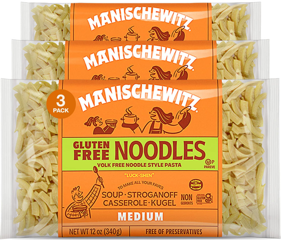 Manischewitz gluten-free medium noodles packaging, ideal for quick weeknight meals.
