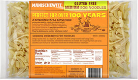 Manischewitz gluten-free medium noodles, ready-to-serve, ideal for Passover and versatile sides.