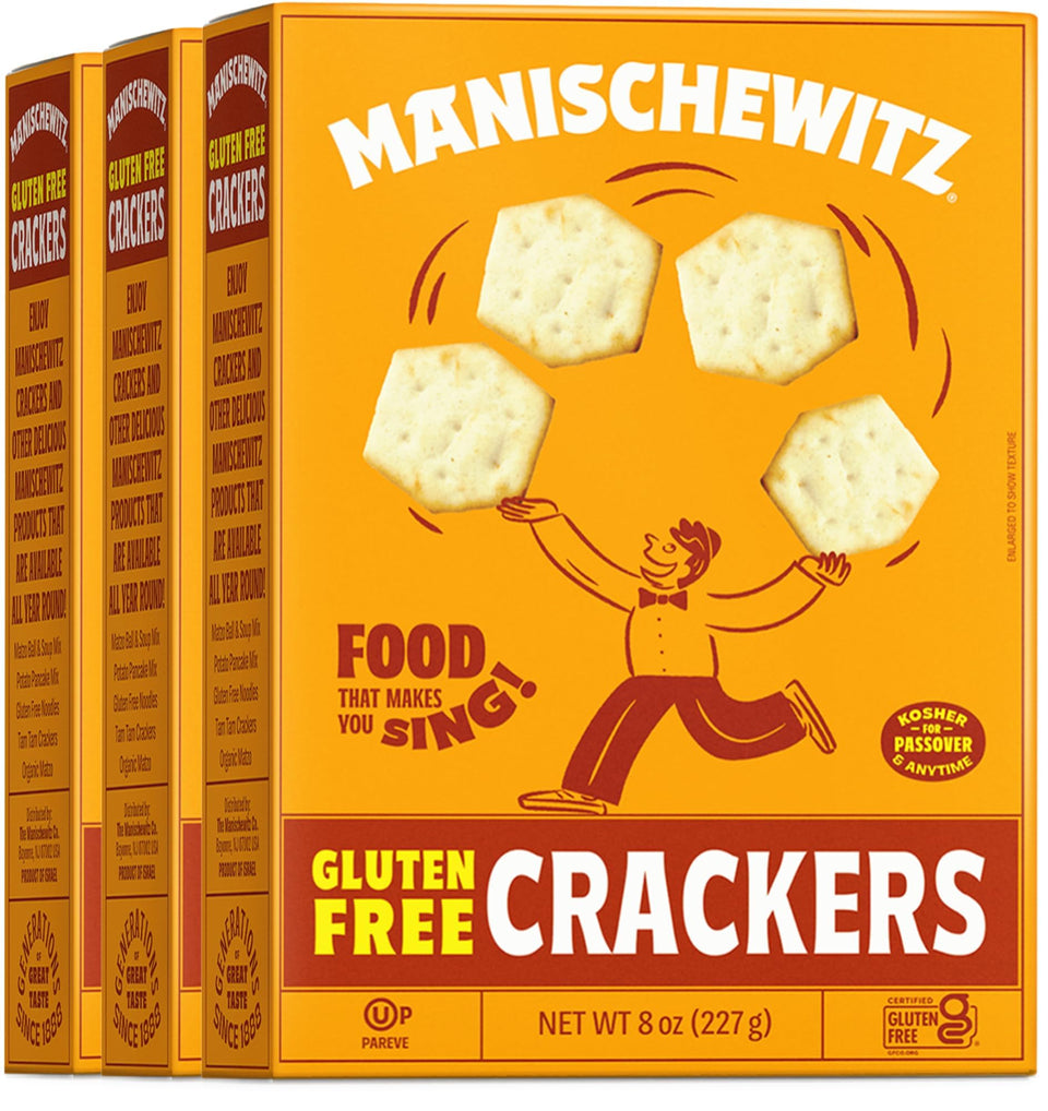 Manischewitz gluten-free original crackers, 8oz pack shot, fluffy texture for Passover snacking.
