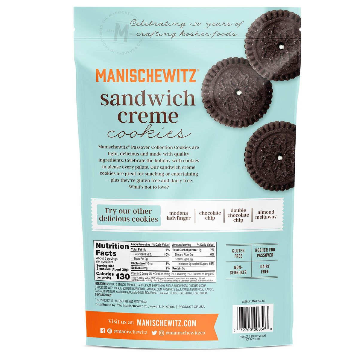 Manischewitz gluten-free sandwich cookies pack-shot – convenient two-pack for sharing