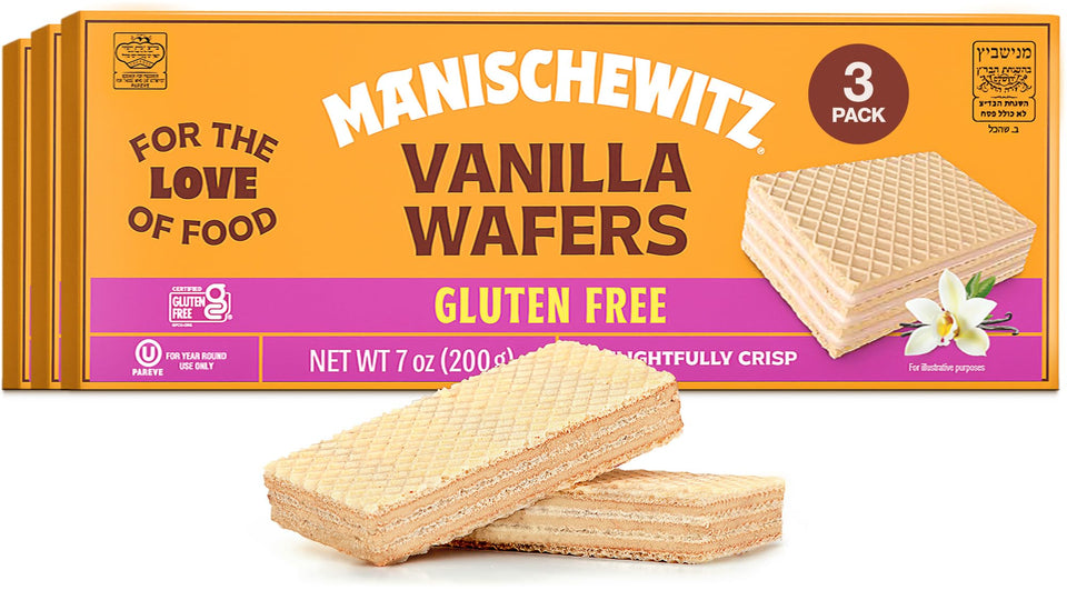 Manischewitz gluten free vanilla wafers package, dairy-free and kosher-friendly.
