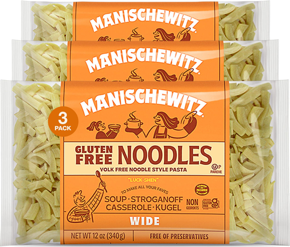Manischewitz gluten-free wide egg noodles pack, 3x12oz, ready for quick family meals.