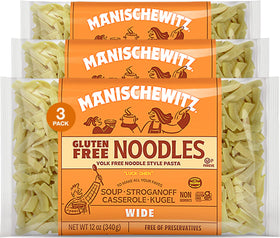 Manischewitz gluten-free wide egg noodles pack, 3x12oz, ready for quick family meals.