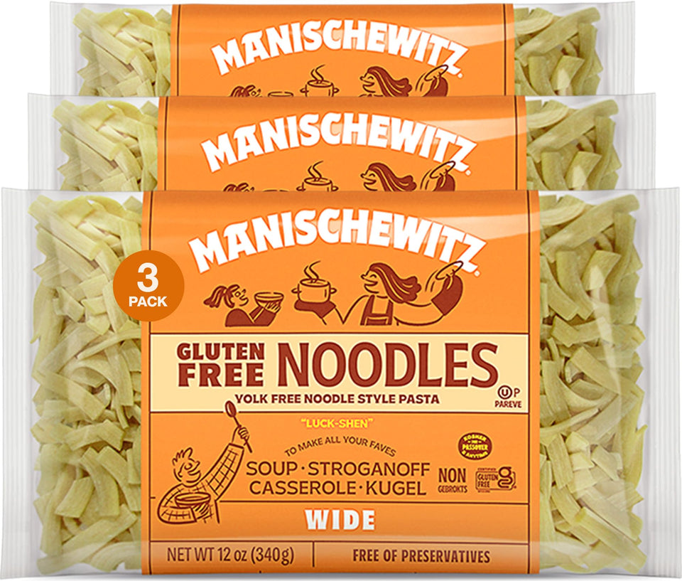 Manischewitz gluten-free wide egg noodles pack, 3x12oz, ready for quick family meals.