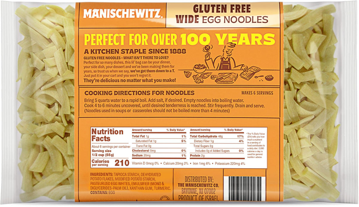 Manischewitz gluten-free wide egg noodles served in a dish for versatile weeknight meals.