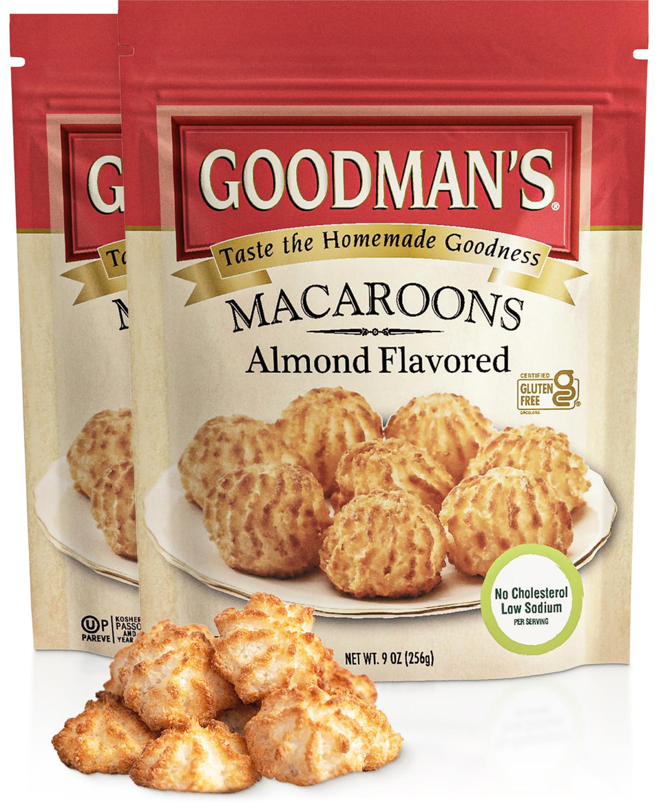 Manischewitz Goodman's almond coconut macaroons, front view showing two packs for Passover-friendly snacking.