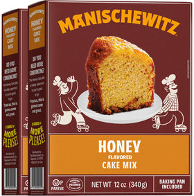 Manischewitz honey cake mix box with pan included for easy Passover baking.