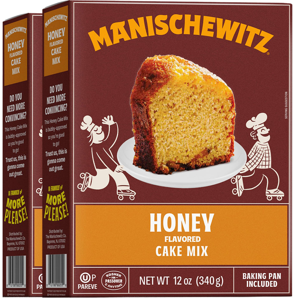 Manischewitz honey cake mix box with pan included for easy Passover baking.