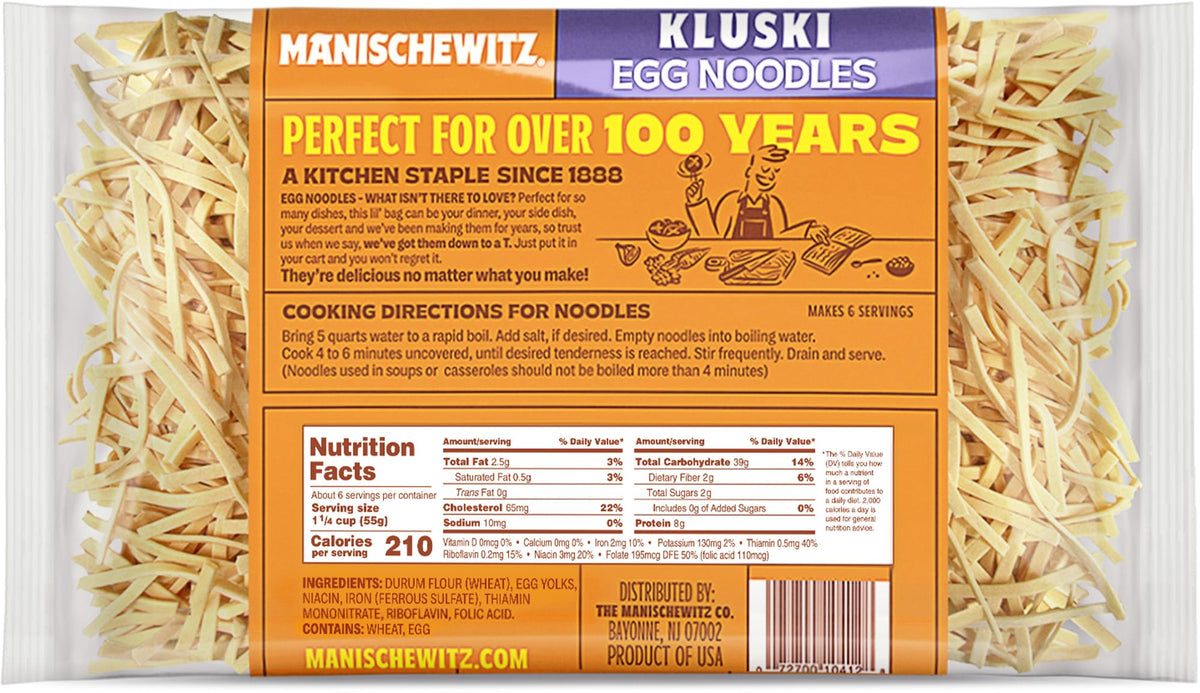 Manischewitz Kluski egg noodles in a serving bowl for comforting soups