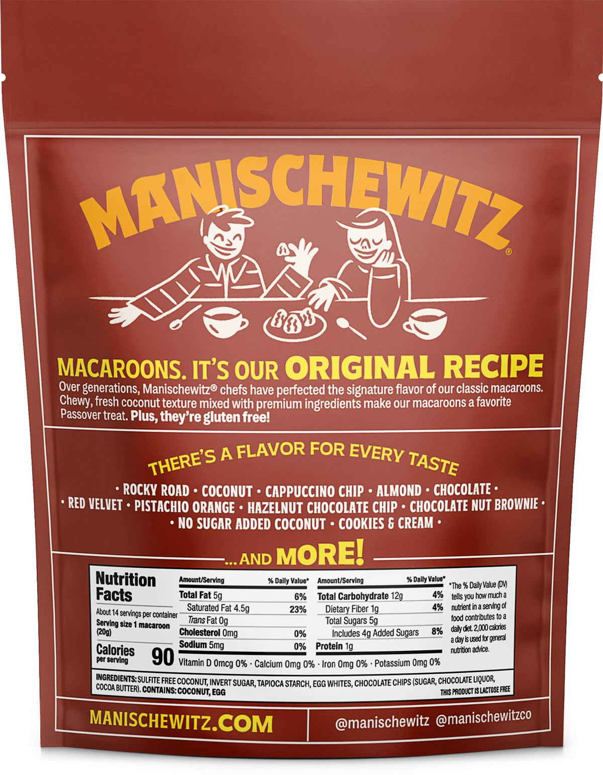 Kosher for Passover certification with Manischewitz macaroons ensures tradition-friendly snacking.