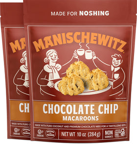 Manischewitz macaroon chocolate chip cookie two-pack in a resealable bag, convenient on-the-go snack.