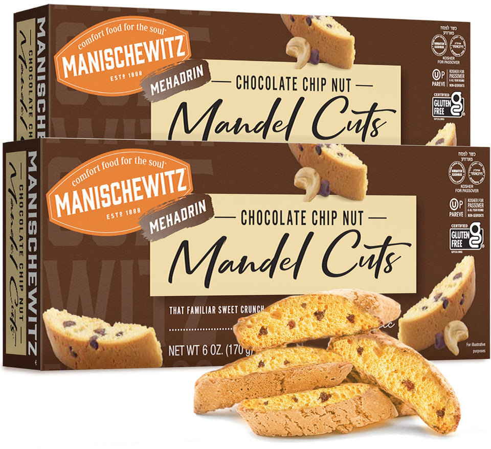 Manischewitz Mandel Cuts 6oz pack front view; gluten-free and kosher for Passover snack option