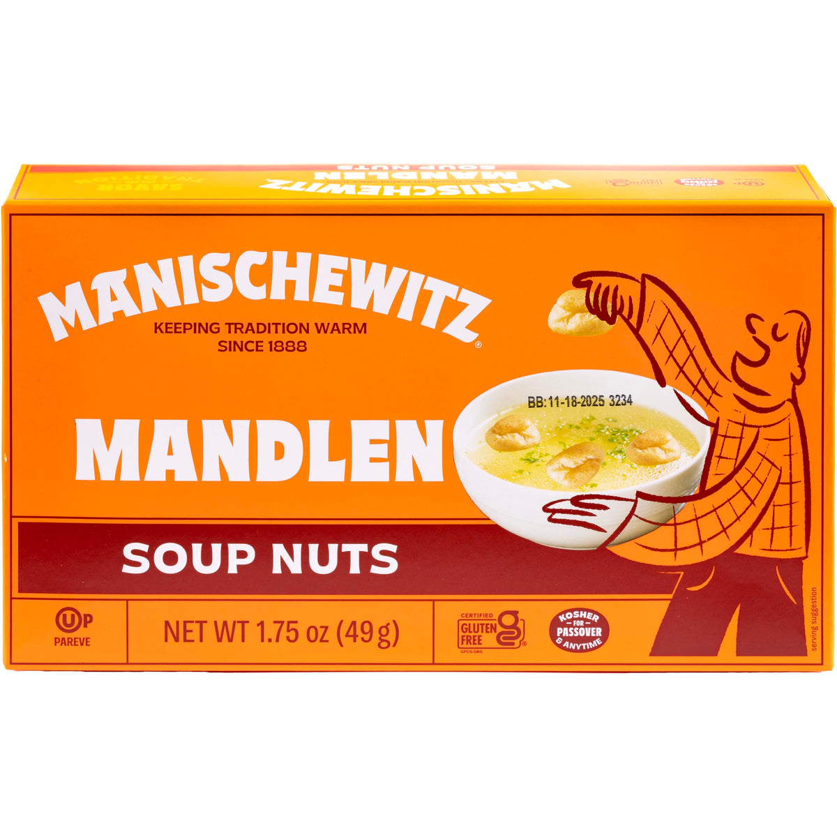 Manischewitz Mandlen Soup Nuts pack-front, ideal pantry staple for Passover and year-round crunch.