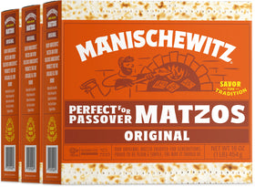 Manischewitz matzo 3-pack packaging overview ideal for Passover meals and pantry storage.