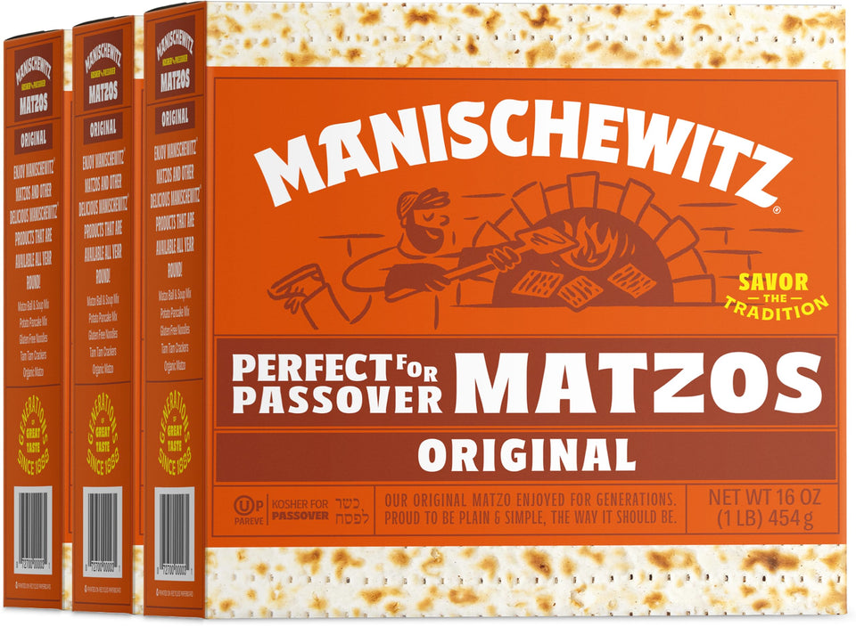 Manischewitz matzo 3-pack packaging overview ideal for Passover meals and pantry storage.