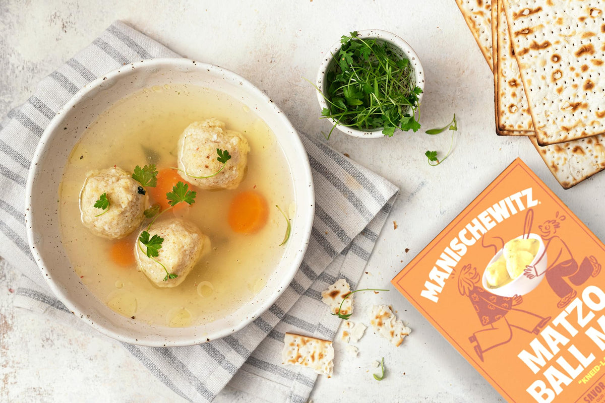 Pour-and-measure shot of Manischewitz Matzo Ball Mix for easy fluffy matzo balls