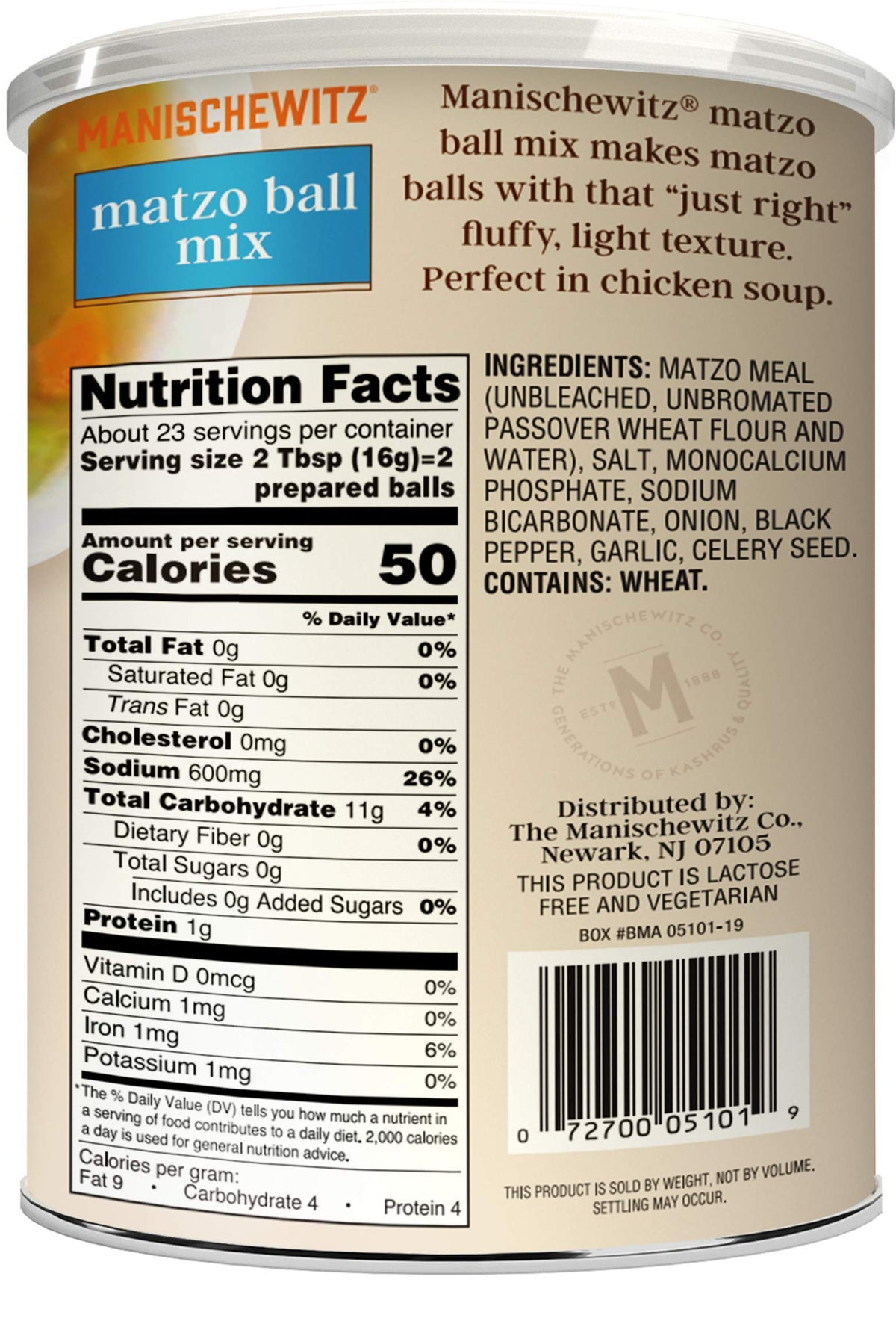 Manischewitz Matzo Ball Mix resealable container keeps mix fresh