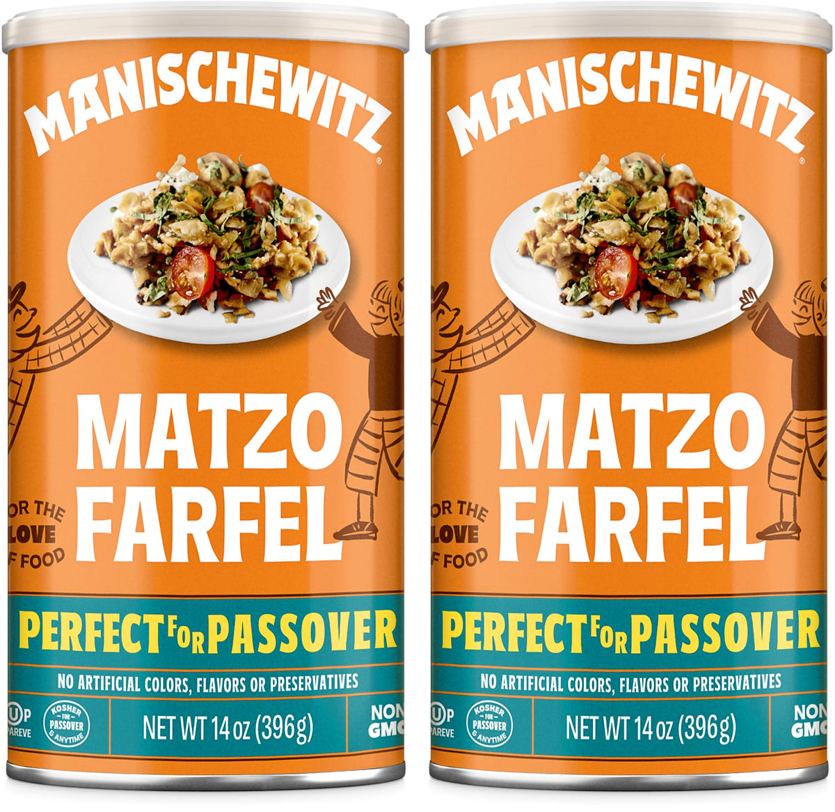 Manischewitz Matzo Farfel canister with resealable lid keeps freshness.