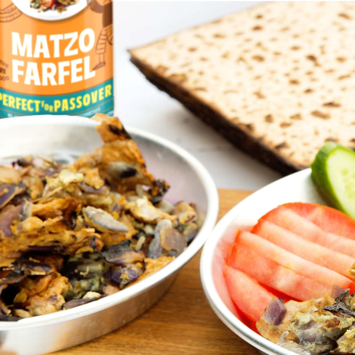 Close-up of Manischewitz Matzo Farfel ready for stuffing and kugel.