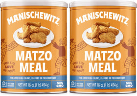 Manischewitz Matzo Meal daily canister front view, two-pack, for pantry convenience and everyday cooking.