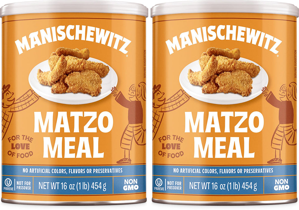 Manischewitz Matzo Meal daily canister front view, two-pack, for pantry convenience and everyday cooking.