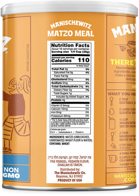 Manischewitz Matzo Meal daily canister label closeup, two-pack, highlighting packaging and bulk value for home use.