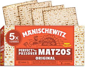 Manischewitz Passover matzo 1lb box on shelf; crisp, versatile pantry staple.