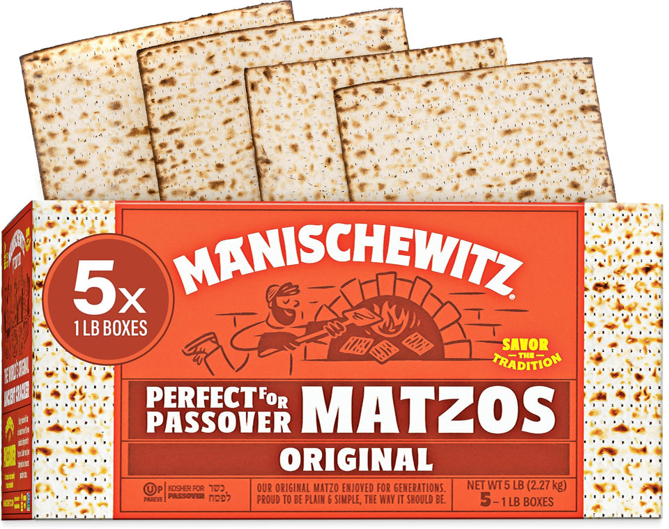 Manischewitz Passover matzo 1lb box on shelf; crisp, versatile pantry staple.