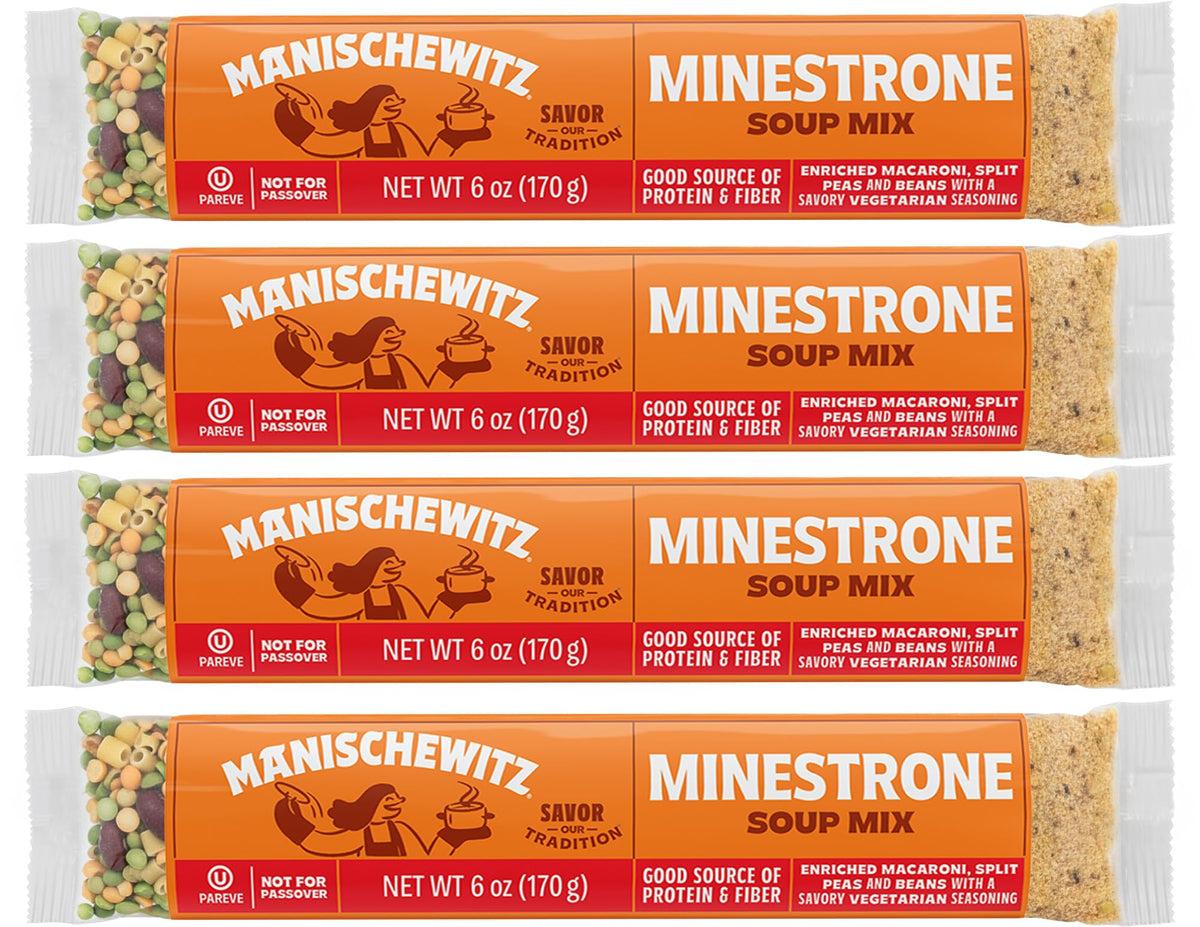 Manischewitz Minestrone pack-4 box; kosher, all-natural ingredients on display.
