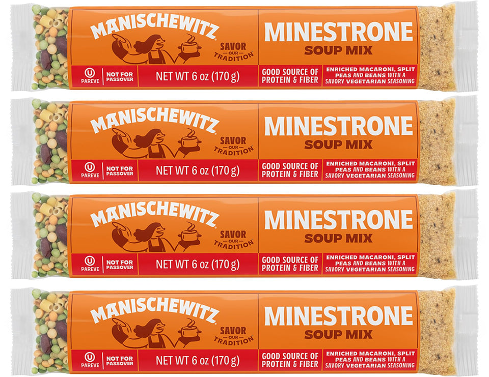 Manischewitz Minestrone pack-4 box; kosher, all-natural ingredients on display.