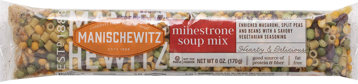 Manischewitz Minestrone served-bowl image; satisfying, convenient meal option.