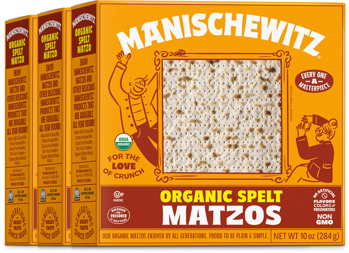 Manischewitz Organic Spelt Matzo pack shot shows crisp unleavened bread for Passover meals.