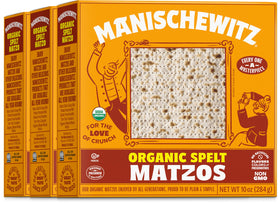 Manischewitz Organic Spelt Matzo pack shot shows crisp unleavened bread for Passover meals.