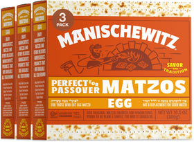 Manischewitz Passover Egg Matzo 3 Pack packaging shows three boxes for Passover prep.